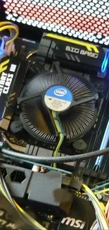 Detailed high-tech PC hardware wallpaper with cooling fan.