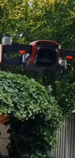 A sleek drone flying amidst lush green nature.