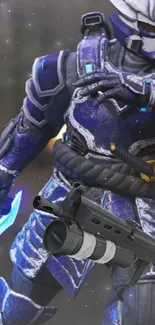 Futuristic armored warrior with blue glowing weapon.