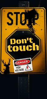 Yellow warning sign with 'Don't Touch' text and high voltage symbol.