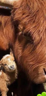 Highland cow and calf resting on grass in warm sunlight.