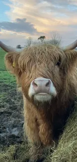 Highland cow standing in a green pasture at sunset.