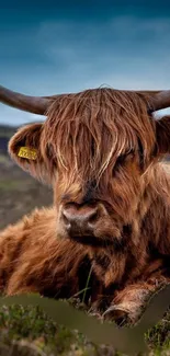 Highland cow resting peacefully in a picturesque pasture scene.