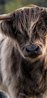 Close-up of a Highland cow with lush fur and tranquil background.