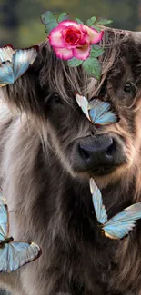 Highland cow with butterflies and pink rose on head