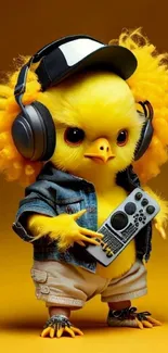 Fluffy chick in denim and headphones on a yellow background.