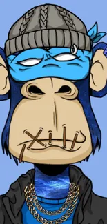 Cartoon ape with blue beanie and chains on blue background.