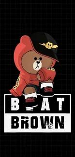 A hip hop bear in red attire on a black grid background.