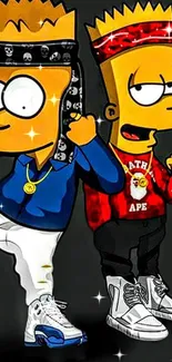 Cartoon characters in hip hop style with vibrant colors on a black background.