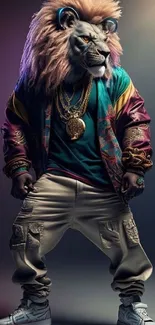 Stylish lion in hip hop attire with streetwear fashion flair.