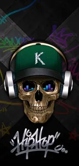 Hip hop skull with headphones and graffiti art background.