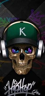 Skull with headphones, cap, and graffiti.