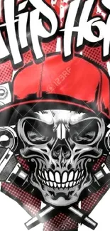 Bold hip hop skull design with red cap and microphones.