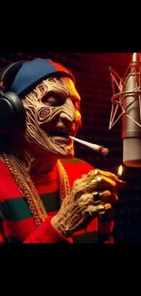 Hip-hop artist in studio with cigarette and microphone, vibrant colors.