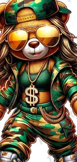 Hip hop teddy bear with camouflage outfit and accessories.