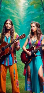 Hippie duo playing guitars in a lush green forest, embracing musical vibes.