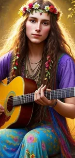 Hippie woman playing guitar with floral crown in a vibrant setting.