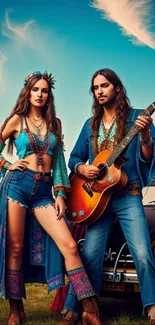 Hippie duo posing with guitar in vintage style.