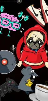 Hipster cartoon collage with pug and sneakers on black background.