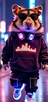 Hip hamster in hoodie with neon backdrop.
