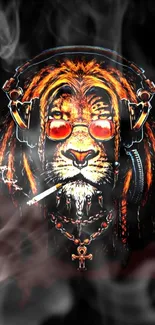 Reggae lion with headphones and sunglasses, amidst smoky background.