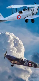 Historic airplanes soaring amid clouds in a blue sky wallpaper.