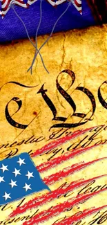 Historic American wallpaper with flag and script design.