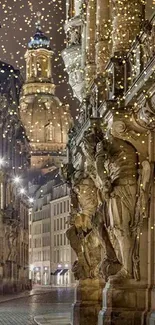 Historic architecture at night with ornate stone carvings in a cityscape.