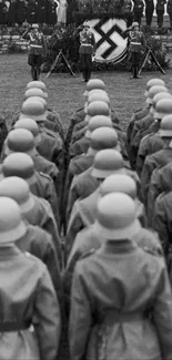 Historic army formation in monochrome, with soldiers aligned in rows.