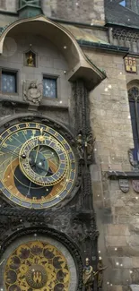 Historic astronomical clock on a stone building facade.