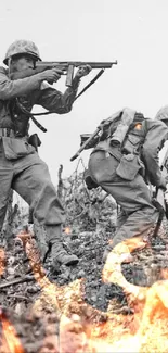 Black and white WWII soldiers advancing in battle.