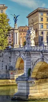 A scenic urban view with a historic bridge and classical sculptures.