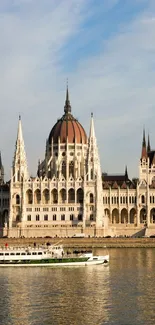Scenic view of Budapest Parliament by the river under a clear sky.