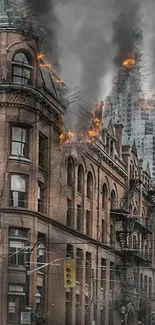 Historic building engulfed in flames with a dramatic smoky skyline.