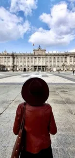 Person facing a historic building under a blue sky with clouds.