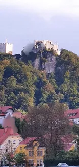 Scenic view of castle on a lush green hillside with colorful houses.