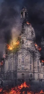 Historic cathedral engulfed in flames under dark smoke-filled sky.