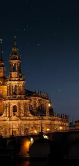 Historic cathedral illuminated at night beneath a starry sky.