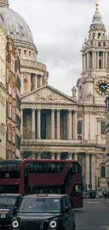 Historic city street view with iconic architecture and bustling activity.