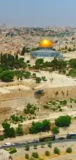 Aerial view of a historic cityscape with a golden dome and surrounding ancient architecture.