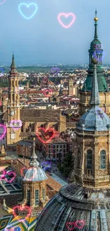 Aerial view of historic buildings in a vibrant cityscape with blue sky.