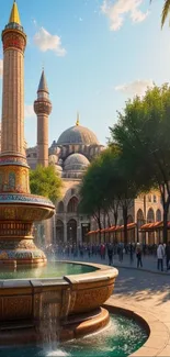 Historic cityscape with fountain and domed architecture under a sunny sky.