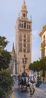 Mobile wallpaper with a historic tower, cobblestone street, and horse-drawn carriage.