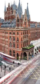 A historic red brick building dominates a bustling cityscape with road traffic.