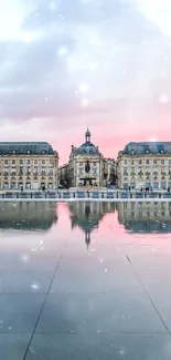 Historic cityscape reflecting on water at sunset, stunning landscape view.