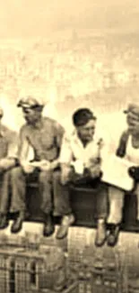 Vintage photo of workers on skyscraper beam.