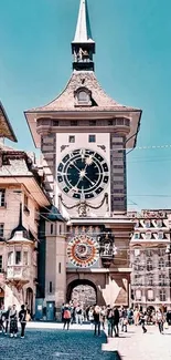 Historic clock tower under a teal sky with bustling urban scene.