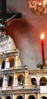 Colosseum and cross with candles set against a dramatic backdrop.