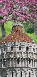 Intricate dome set against pink cherry blossoms and green foliage.