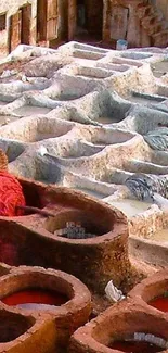 Vibrant historical dye tubs with earthy textures and rich colors.